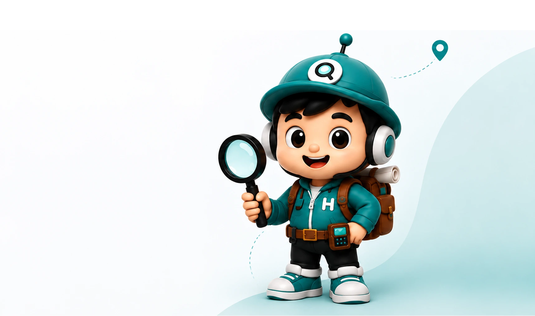 Hanapo, the friendly AI prospecting explorer, holding a magnifying glass